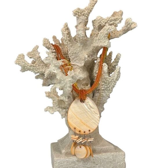 Vtg Handcrafted Sea Shell Beaded Necklace Orange Multistrand Mother Of Pearl - Picture 2 of 5